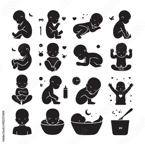 Newborn Baby and Maternity Care Silhouette Icons Set in Black Vector Style
