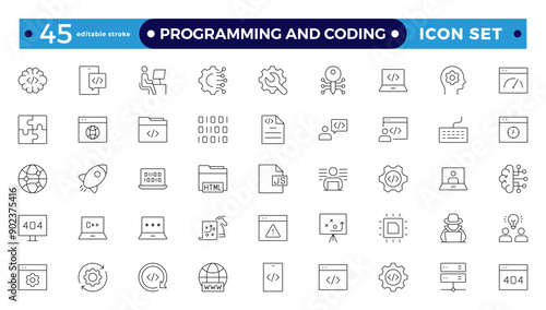 Programming coding set of web icons in line style. Software development icons for web and mobile apps. Code, API, programmer, developer, information technology, coder. Editable stroke outline icon.