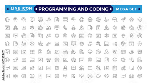 Programming coding set of web icons in line style. Software development icons for web and mobile apps. Code, API, programmer, developer, information technology, coder. Editable stroke outline icon.