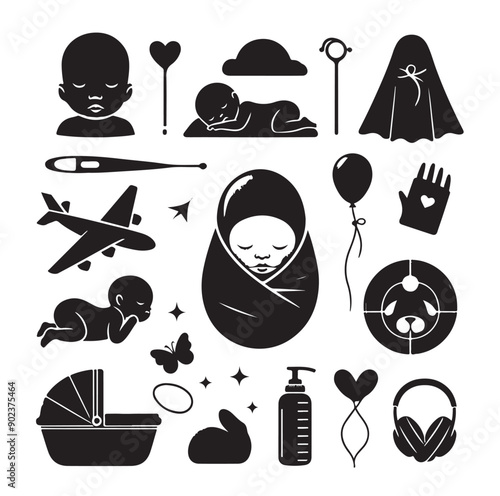 Newborn Baby and Maternity Care Silhouette Icons Set in Black Vector Style
