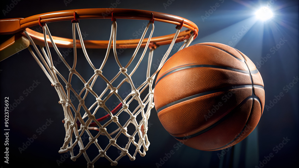 close-up of an orange basketball passing through a white net into a black hoop. dynamic image of a basketball suspended mid-air, about to enter the net. close-up of an orange basketball passing through a white net into a black hoop. dynamic image of a basketball suspended mid-air, about to enter the net.