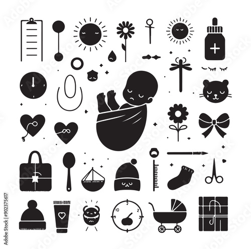 Newborn Baby and Maternity Care Silhouette Icons Set in Black Vector Style
