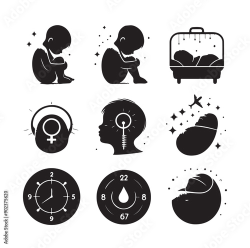 Newborn Baby and Maternity Care Silhouette Icons Set in Black Vector Style
