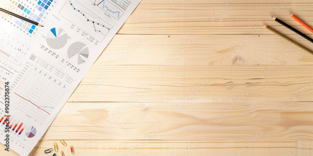 Fototapeta premium Creative Business Concept with Graphs and Charts Scattered on a Light Wooden Boardroom Table for Advertisement and Marketing Visuals