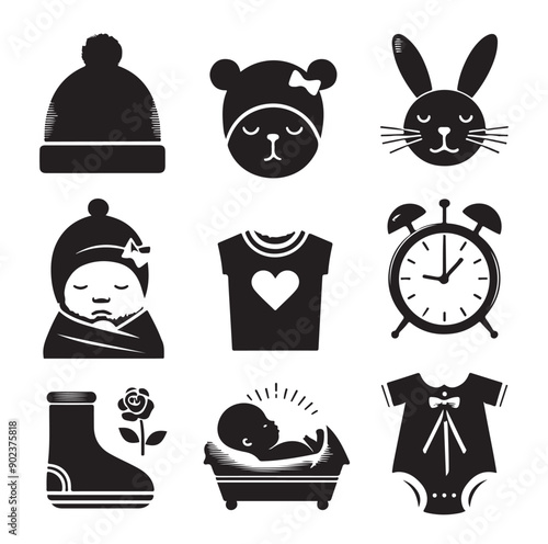 Newborn Baby and Maternity Care Silhouette Icons Set in Black Vector Style
