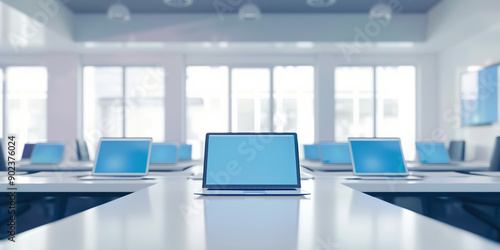 Creative Business Concept with Laptops and Tablets Floating Above a White Conference Room Table for Modern Advertising and Marketing Campaigns photo