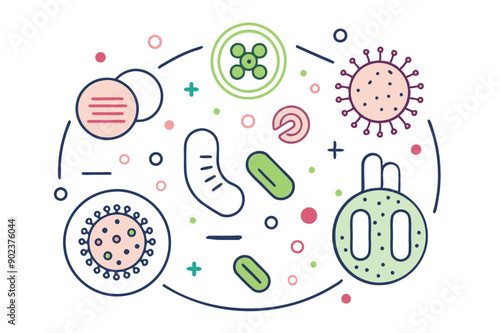 Probiotics bacteria, microbes, infection and pathogen cells concept editable stroke outline, icon set Vector illustration on white background.