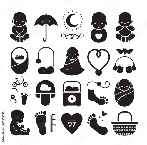 Newborn Baby and Maternity Care Silhouette Icons Set in Black Vector Style
