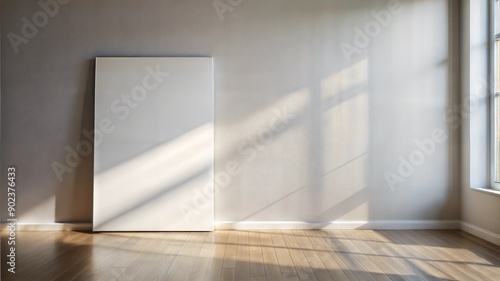 Mockup 10x15' wall art blank white canvas minimalist exhibition space light grey wall wood floor natural sunlight photo