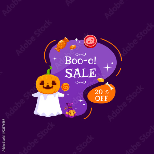 Halloween sale banner with holiday sweets and candy, kawaii ghost, amoeba blob and pumpkin. Isolated vector festive sale badge, or tag with cute adorable spook donning jack lantern mask and lollipop