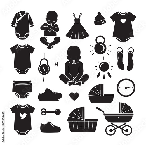 Newborn Baby and Maternity Care Silhouette Icons Set in Black Vector Style
