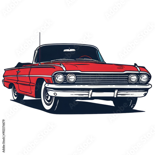 Classic red convertible car with vintage design and whitewall tires, perfect for retro-themed projects and automotive enthusiasts. photo