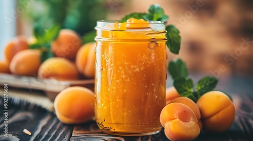 Apricot jam poured into a glass jar reveals image