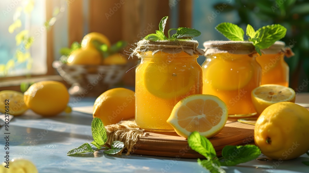 Fototapeta premium Lemon confiture carefully placed in glass jars img