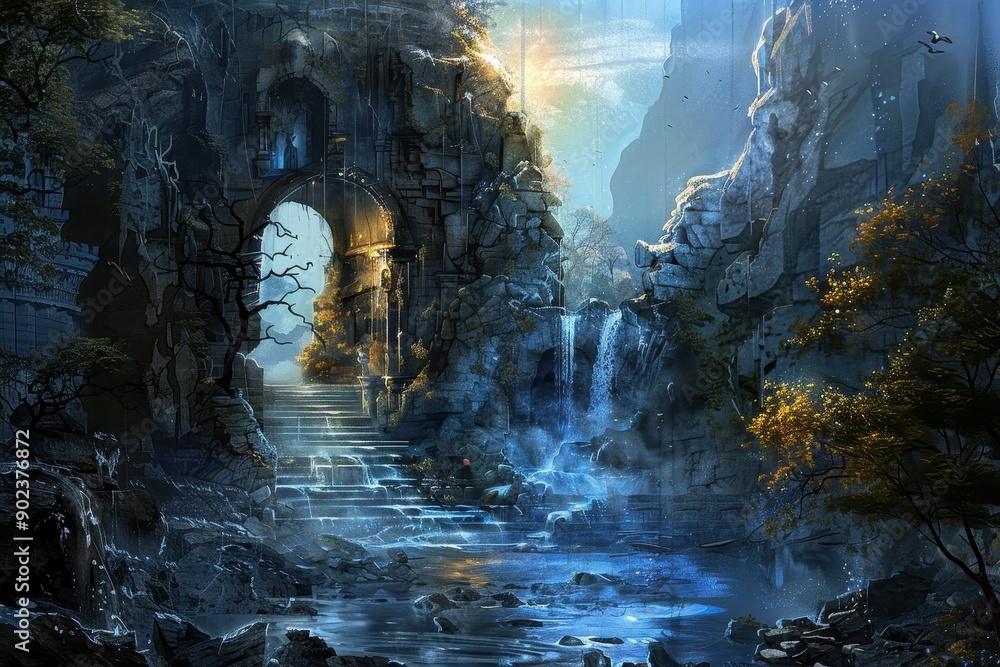 Ancient stone ruins of a forgotten temple deep in the jungle with waterfalls and overgrown plants Ancient stone ruins of a forgotten temple deep in the jungle with waterfalls and overgrown plants