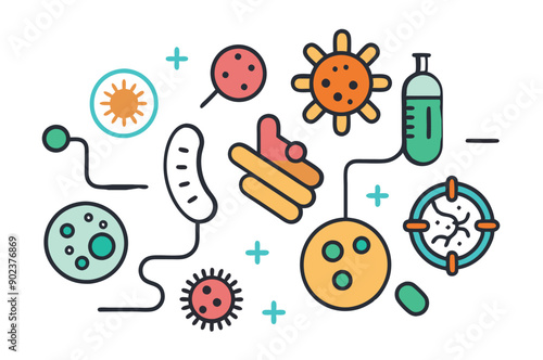 Probiotics bacteria, microbes, infection and pathogen cells concept editable stroke outline, icon set Vector illustration on white background.