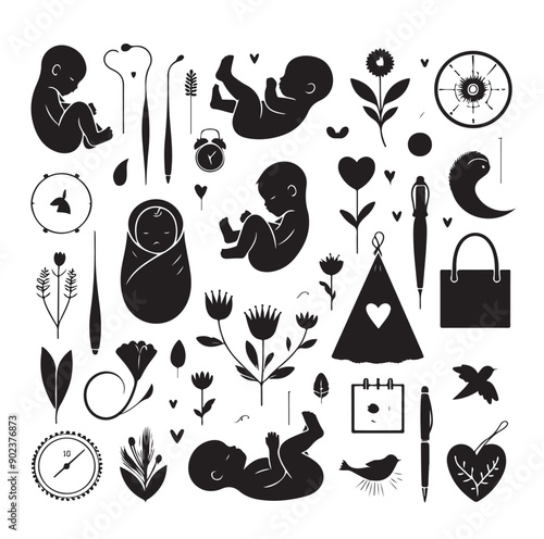 Newborn Baby and Maternity Care Silhouette Icons Set in Black Vector Style
