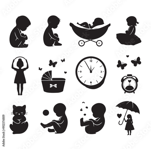 Newborn Baby and Maternity Care Silhouette Icons Set in Black Vector Style
