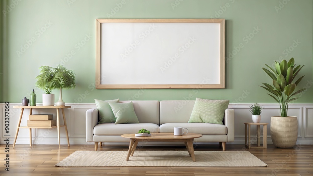 Mock up wall art blank white canvas minimalist exhibition space light pastel green wall ceramic floor natural sunlight Mock up wall art blank white canvas minimalist exhibition space light pastel green wall ceramic floor natural sunlight