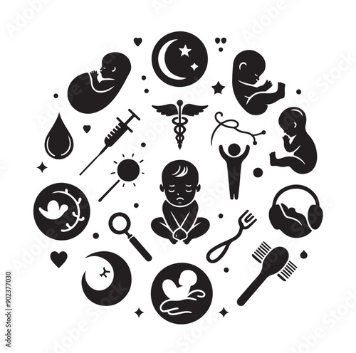 Newborn Baby and Maternity Care Silhouette Icons Set in Black Vector Style
