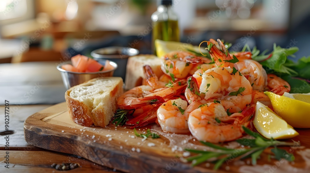 Shrimp served on a wooden board with lemon Shrimp served on a wooden board with lemon