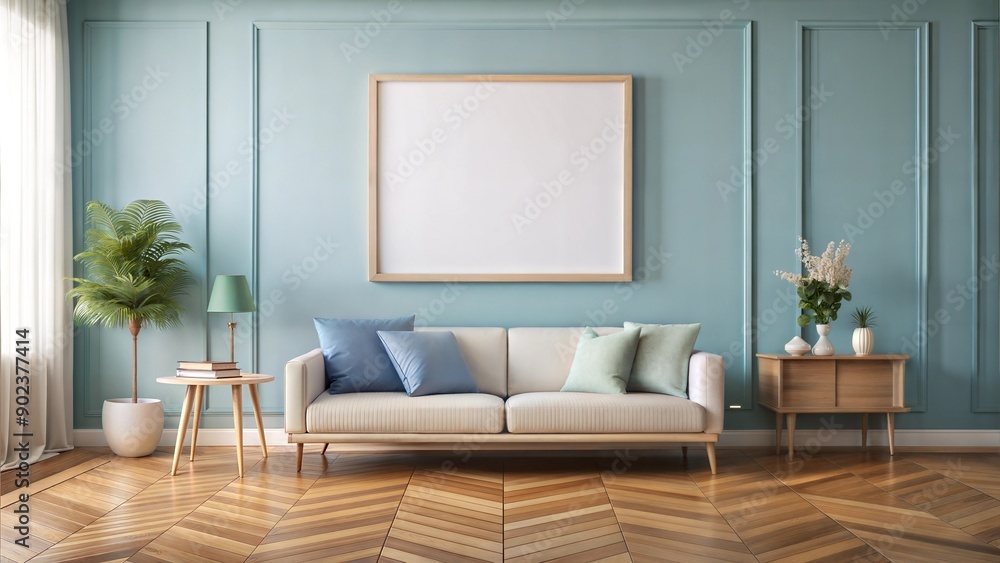 Mockup of wall art wood frame blank canvas living room light blue wood floor indoor natural sunlight Mockup of wall art wood frame blank canvas living room light blue wood floor indoor natural sunlight