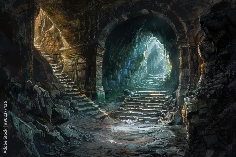 Ancient temple ruins with glowing magical portal and stone steps Ancient temple ruins with glowing magical portal and stone steps