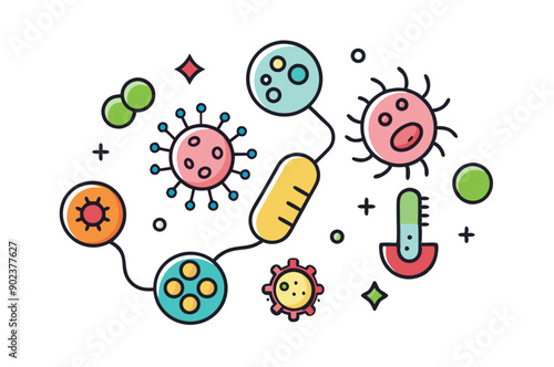 Probiotics bacteria, microbes, infection and pathogen cells concept editable stroke outline, icon set Vector illustration on white background.