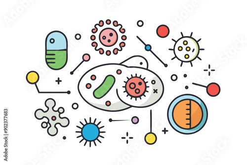 Probiotics bacteria, microbes, infection and pathogen cells concept editable stroke outline, icon set Vector illustration on white background.
