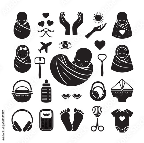 Newborn Baby and Maternity Care Silhouette Icons Set in Black Vector Style
