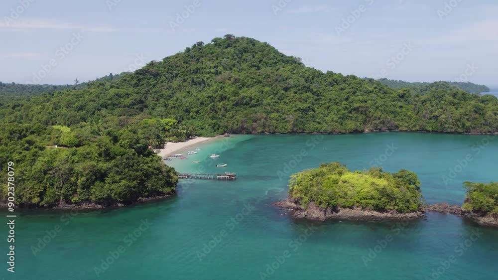 Exotic natural beach on national park on island Coiba in Panama, aerial Exotic natural beach on national park on island Coiba in Panama, aerial
