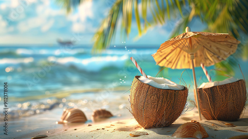 Summer Coconut Refreshment on Beach with Copy Space