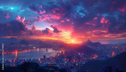 A breathtaking sunset casts vibrant hues over Rio de Janeiro, Brazil, illuminating the city's iconic landscape.
