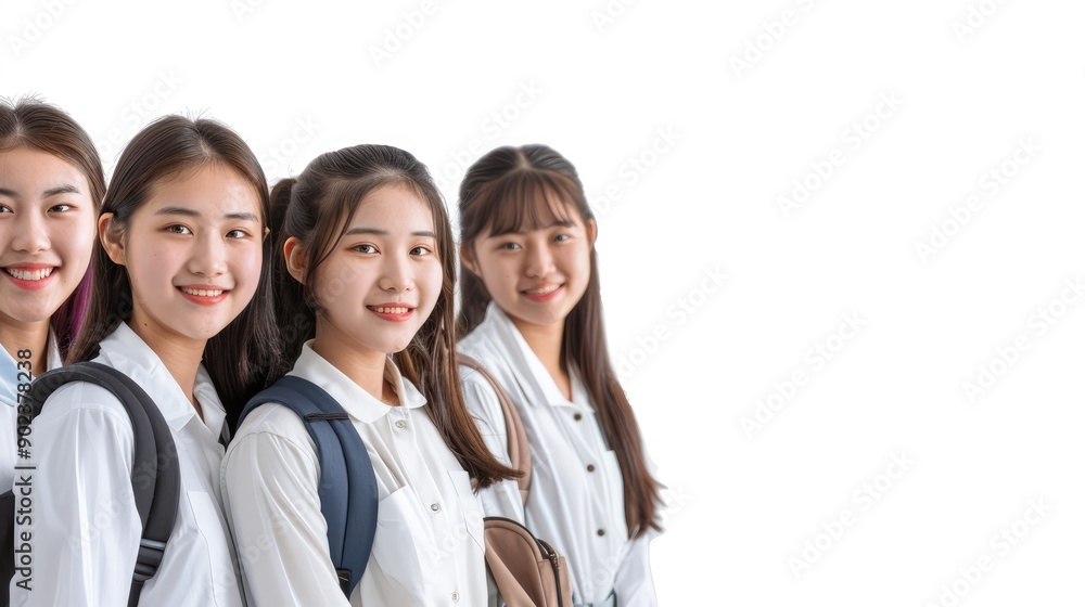 Four Smiling Asian Women in White Shirts with Backpacks