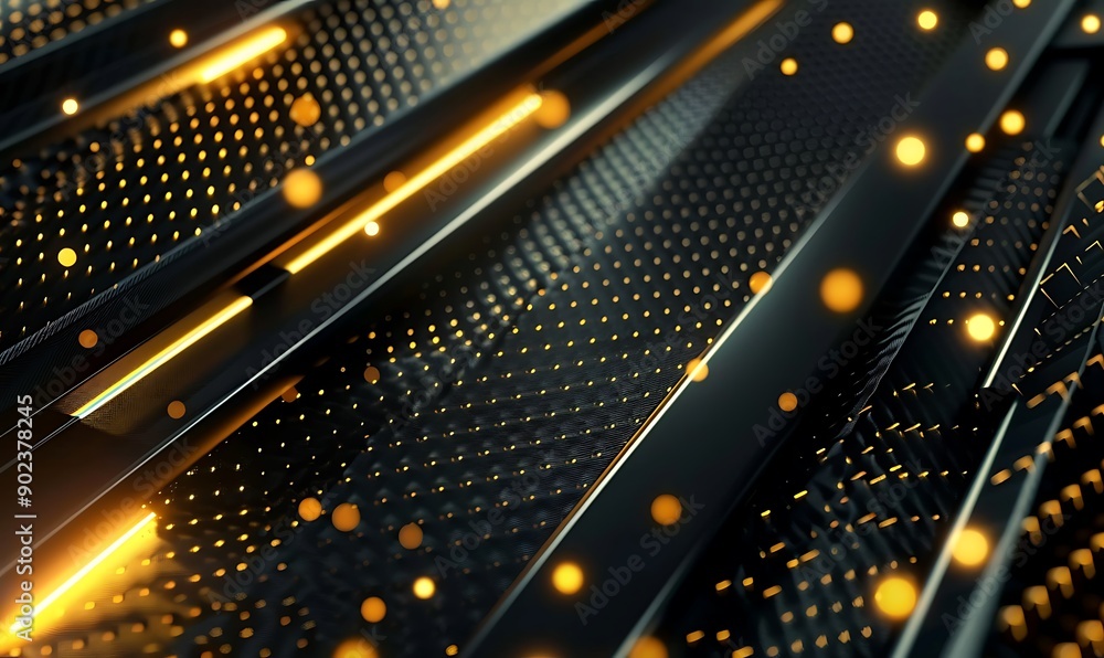 Dark geometric carbon fiber with golden luminous lines and highlights background, generative ai Dark geometric carbon fiber with golden luminous lines and highlights background, generative ai