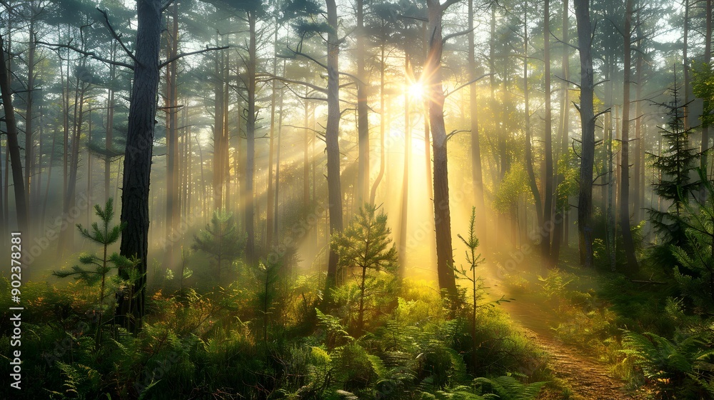 Fototapeta premium Morning forest with tall pines img