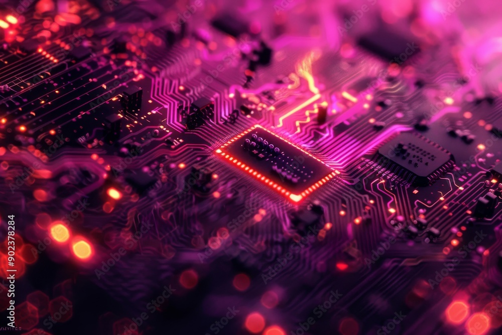 Fototapeta premium Pink circuit board with intricate patterns representing digital innovation and technological advancement in a high tech setting.