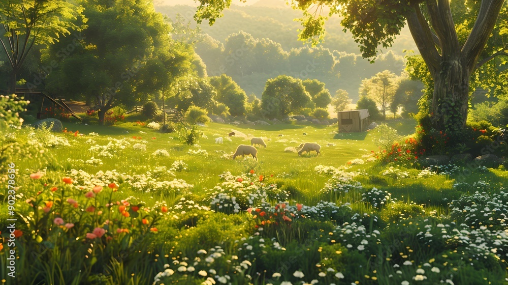 Obraz premium Green meadow with grazing goats surrounded by tall img