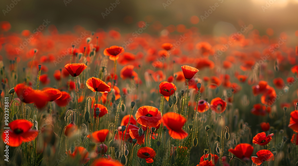Obraz premium red corn poppy flowers in early summer, Red poppy flowers field, close up early in the morning, Beautiful red poppy flowers in the field at sunset Soft focus