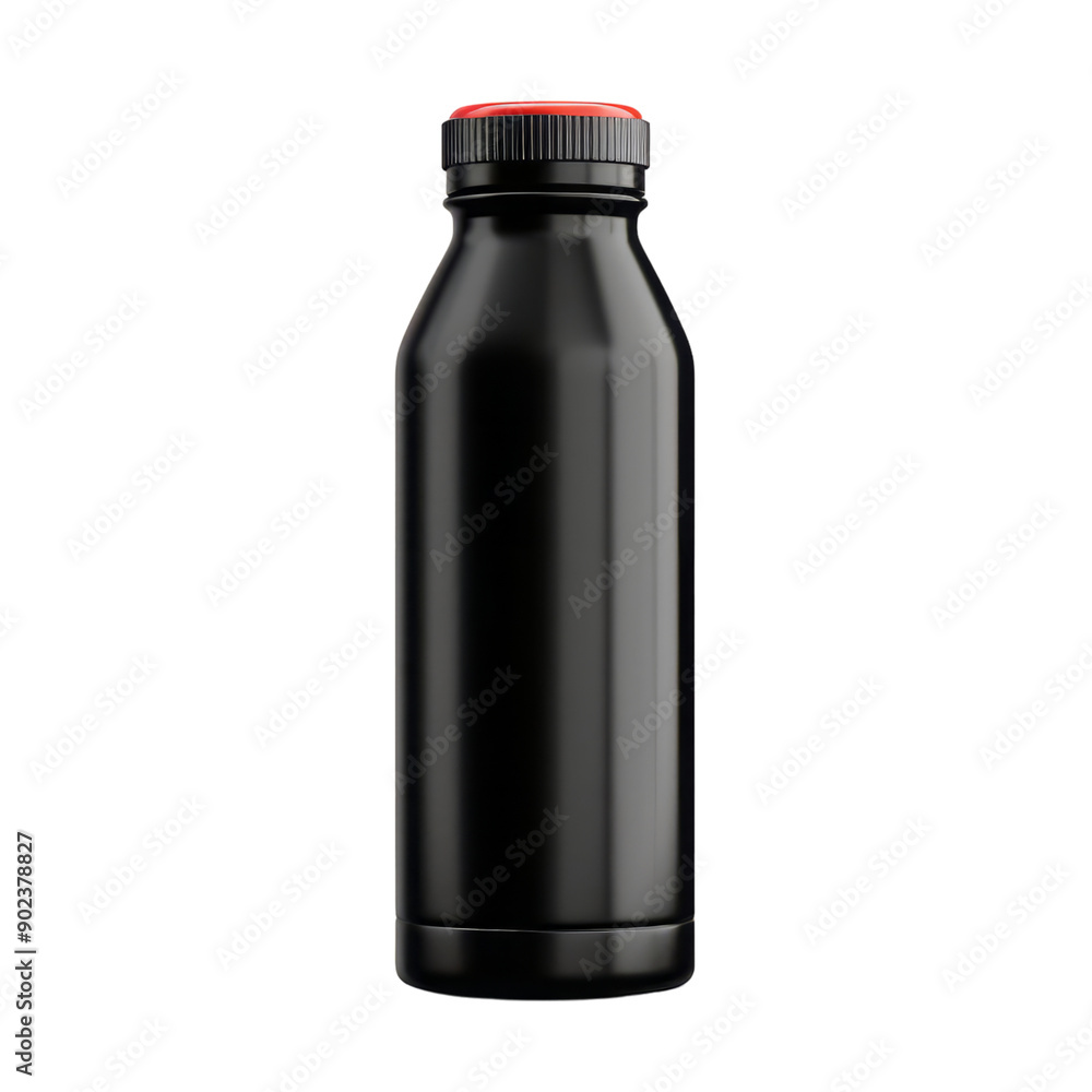 A sleek black bottle with a red cap, perfect for beverages, showcasing modern design and style for branding and packaging. A sleek black bottle with a red cap, perfect for beverages, showcasing modern design and style for branding and packaging.