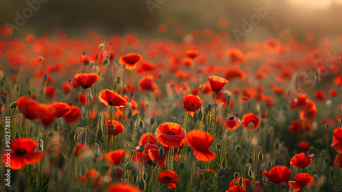 red corn poppy flowers in early summer, Red poppy flowers field, close up early in the morning, Beautiful red poppy flowers in the field at sunset Soft focus