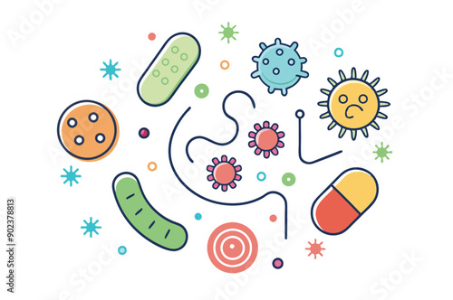 Probiotics bacteria, microbes, infection and pathogen cells concept editable stroke outline, icon set Vector illustration on white background.