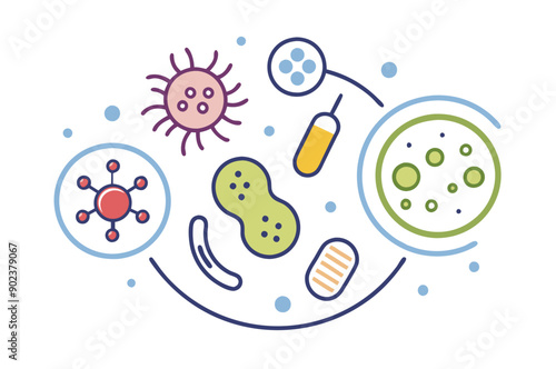 Probiotics bacteria, microbes, infection and pathogen cells concept editable stroke outline, icon set Vector illustration on white background.