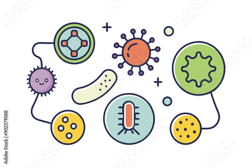 Probiotics bacteria, microbes, infection and pathogen cells concept editable stroke outline, icon set Vector illustration on white background.