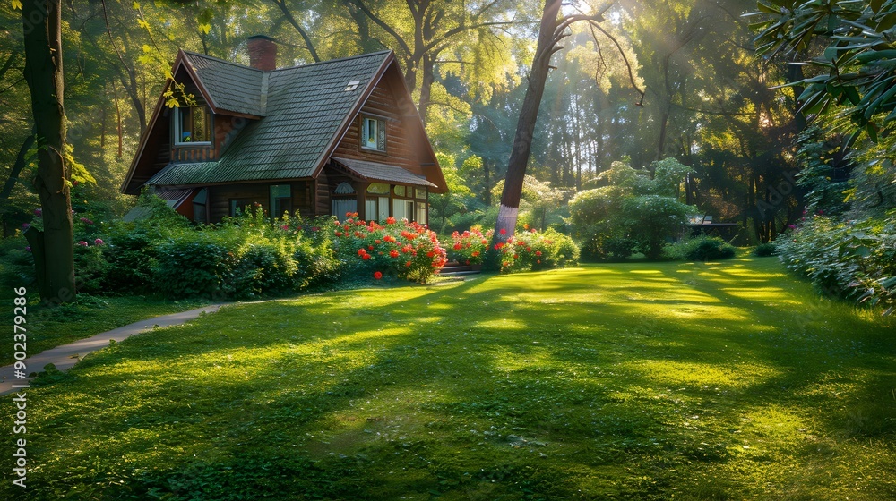 Fototapeta premium Lawn cozy surrounded by forest and bushes img