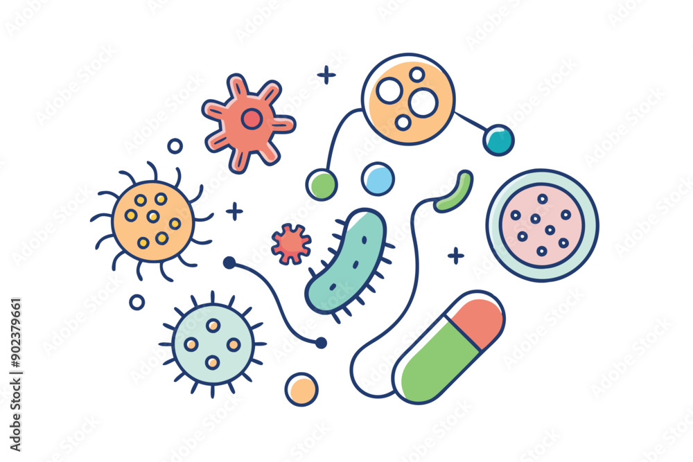 Probiotics bacteria, microbes, infection and pathogen cells concept editable stroke outline, icon set Vector illustration on white background. Probiotics bacteria, microbes, infection and pathogen cells concept editable stroke outline, icon set Vector illustration on white background.