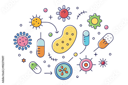 Probiotics bacteria, microbes, infection and pathogen cells concept editable stroke outline, icon set Vector illustration on white background.