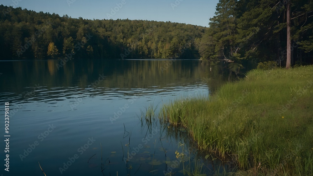 The lake’s serene waters showcasing the soft hues of a spring twilight The lake’s serene waters showcasing the soft hues of a spring twilight
