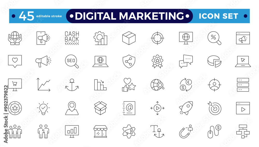 Digital marketing icons set. Content, search, marketing, e-commerce, SEO, electronic devices, internet, analysis, social. Editable stroke outline icon.
Digital marketing icons set. Content, search, marketing, e-commerce, SEO, electronic devices, internet, analysis, social. Editable stroke outline icon.