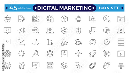 Digital marketing icons set. Content, search, marketing, e-commerce, SEO, electronic devices, internet, analysis, social. Editable stroke outline icon.
